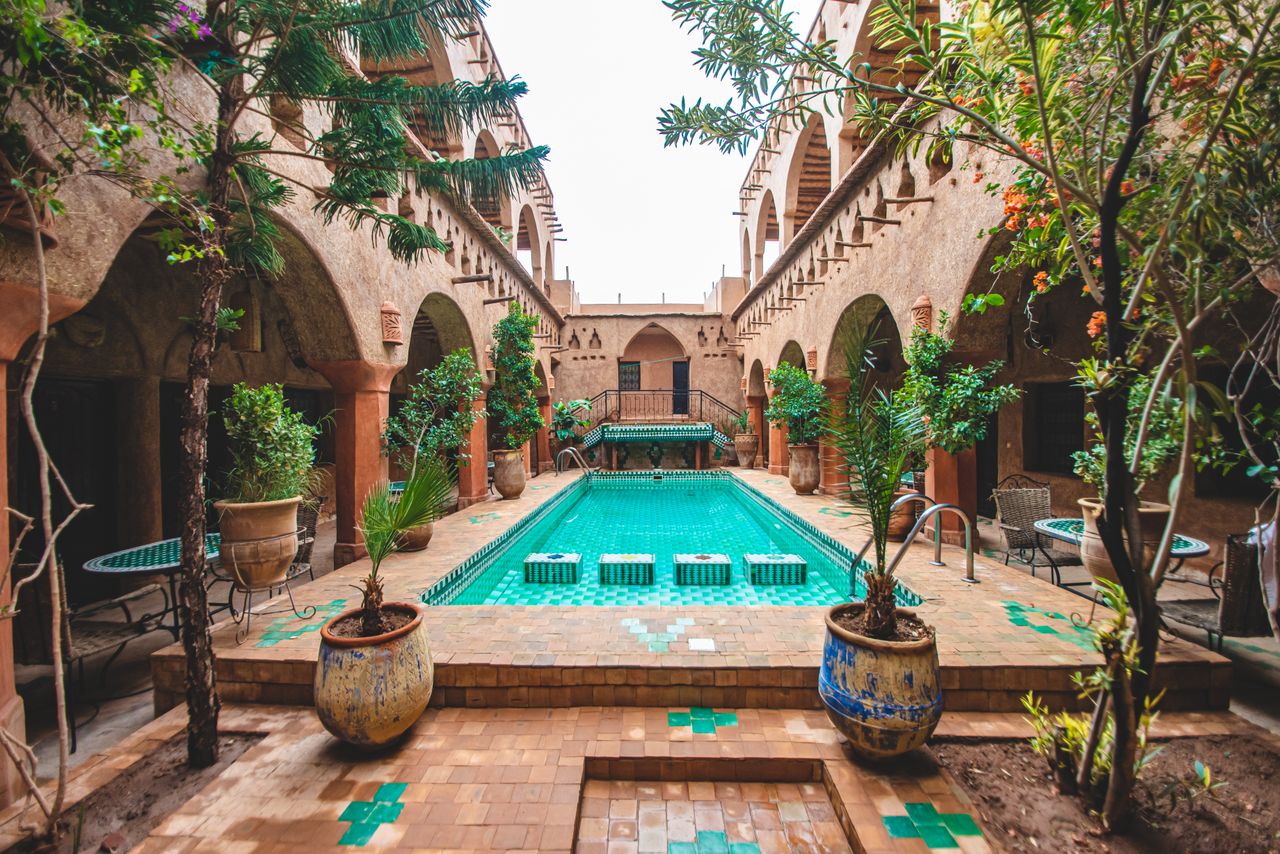 Pool courtyard of a riad in Ouarzazate