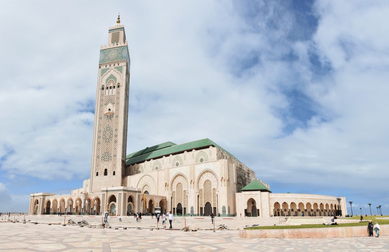 Hassan II Mosque in Casablanca under a blue sky
