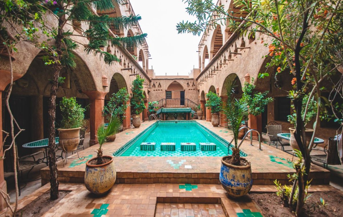 Pool courtyard of a riad in Ouarzazate