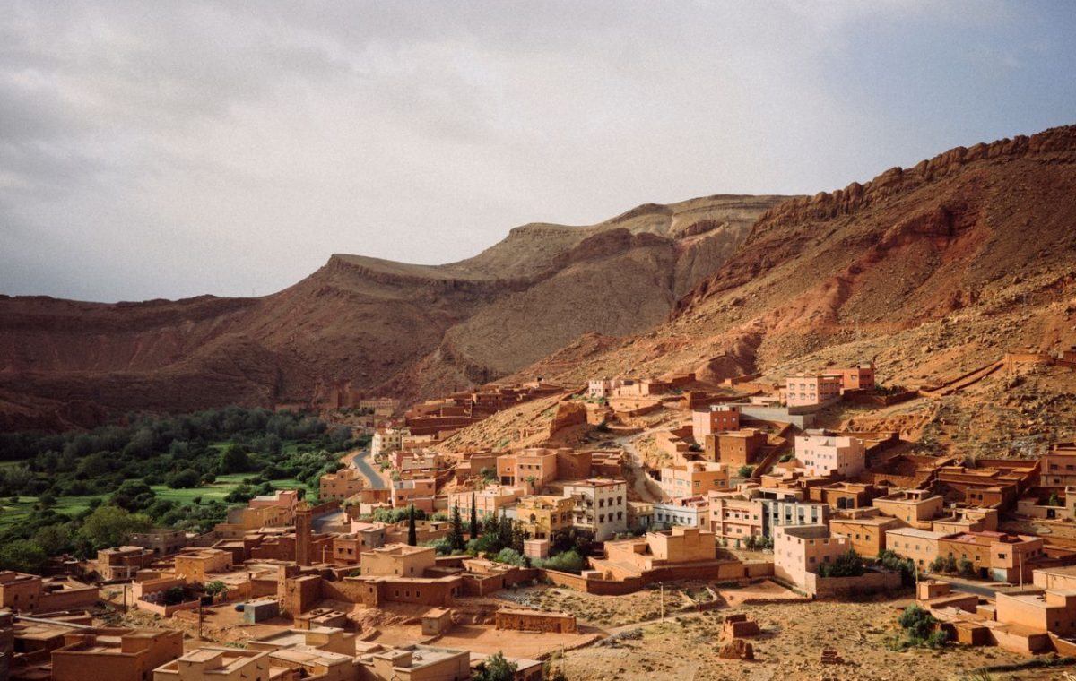 Village in a desert valley in Morocco seen from above