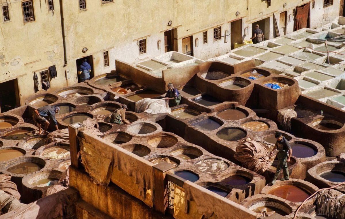 Tannery dye pits in Fes seen from above, between Marrakech and Casablanca