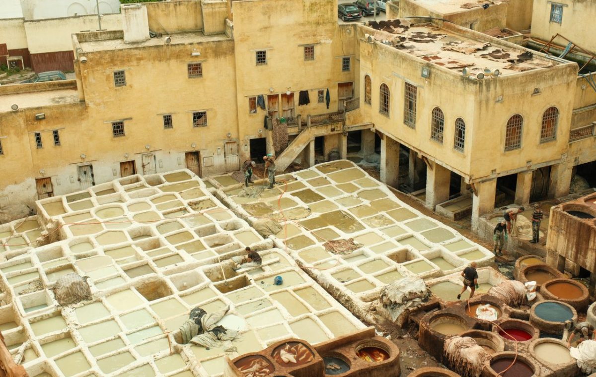 Dye pits of a leather tannery in Fes seen from above, on a guided tour of the Fes medina