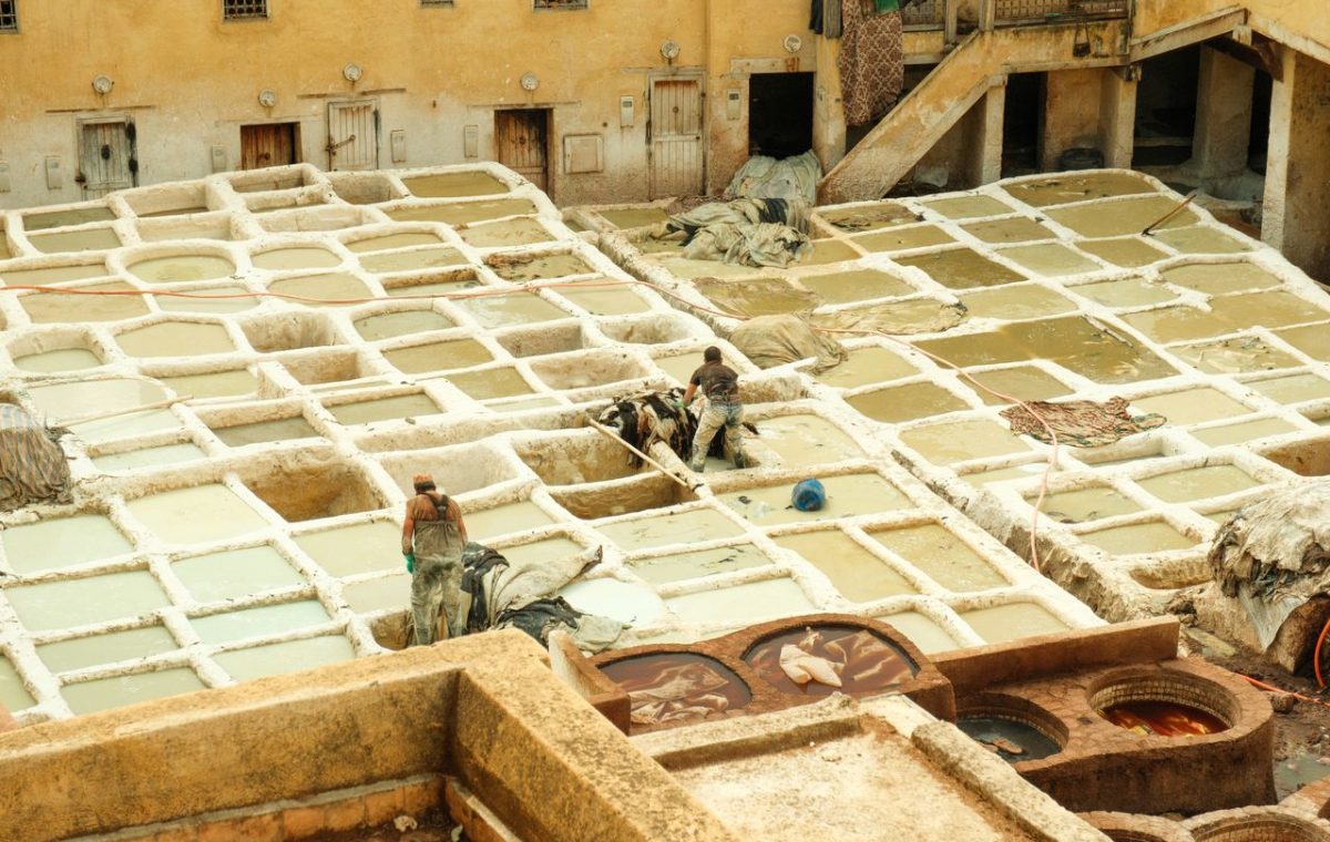 Workers in the leather tanneries of Fes, between Tangier and Marrakech