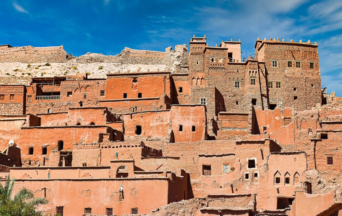 Earthen kasbahs of Ait Ben Haddou on the hillside, on the road from Fes to Marrakech