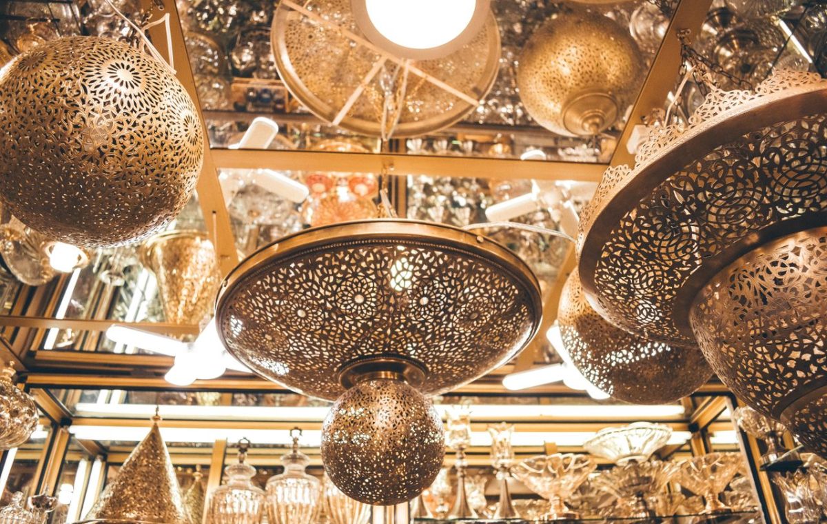 Moroccan lanterns hanging in a shop in Fes