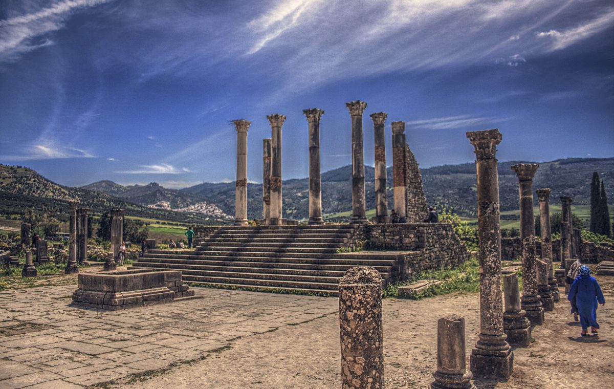 Columns of the basilica at the Roman site of Volubilis, on a day trip from Fes